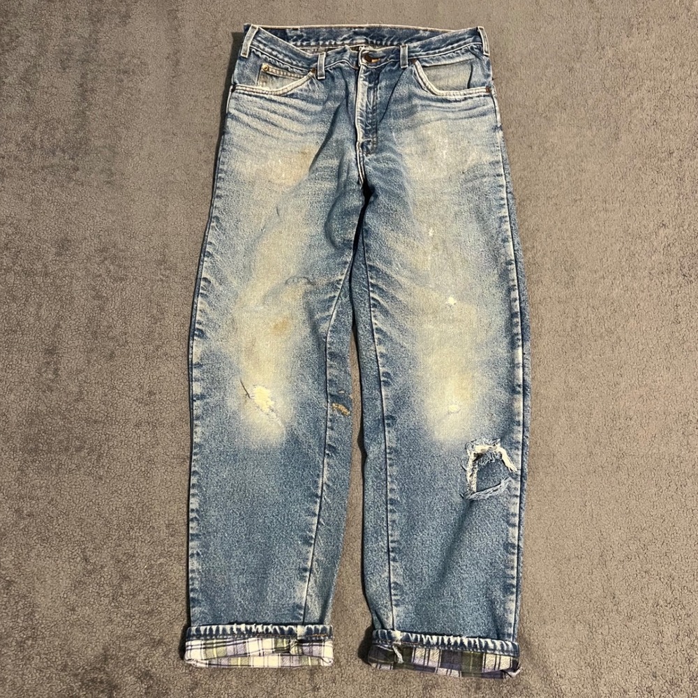 Vintage Trashed Dickies Flannel Lined Straight Leg Jeans Size 34x31 Skater